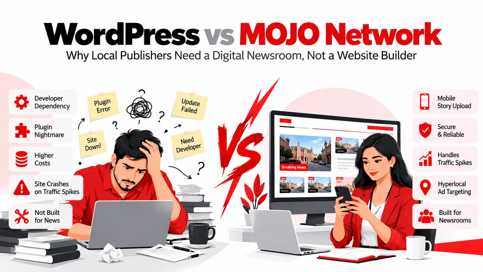 WordPress vs MOJO Network: Why a Generic Website Can Never Be a Real Newsroom background
