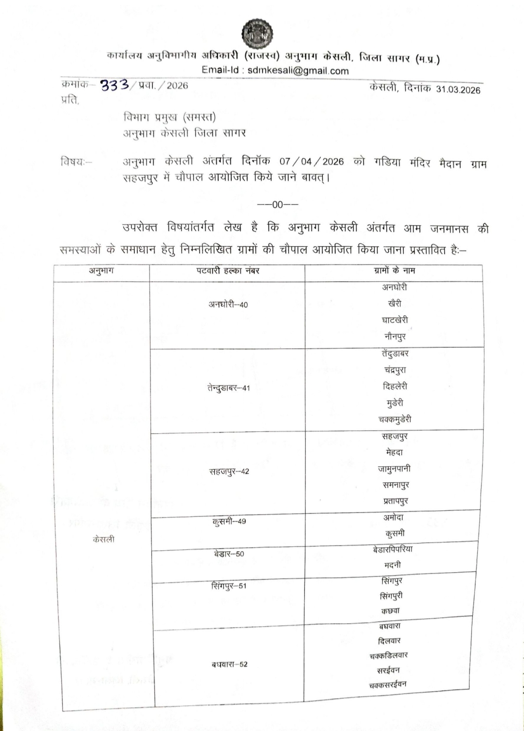 केसली एसडीएम की जन चौपाल 7 अप्रैल को, सहजपुर के गडिया मंदिर मैदान में सुनी जाएंगी जनसमस्याएं