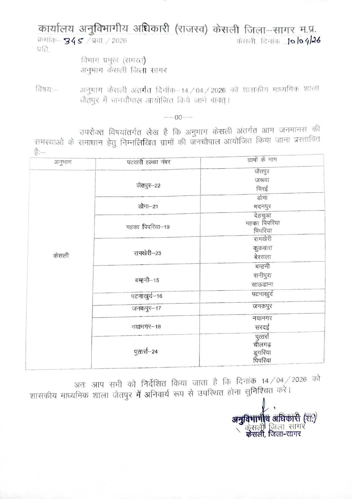 'प्रशासन आपके द्वार', 14 अप्रैल को केसली के जैतपुर में सजेगी जनचौपाल; समस्याओं के मौके पर निपटारे का होगा प्रयास 