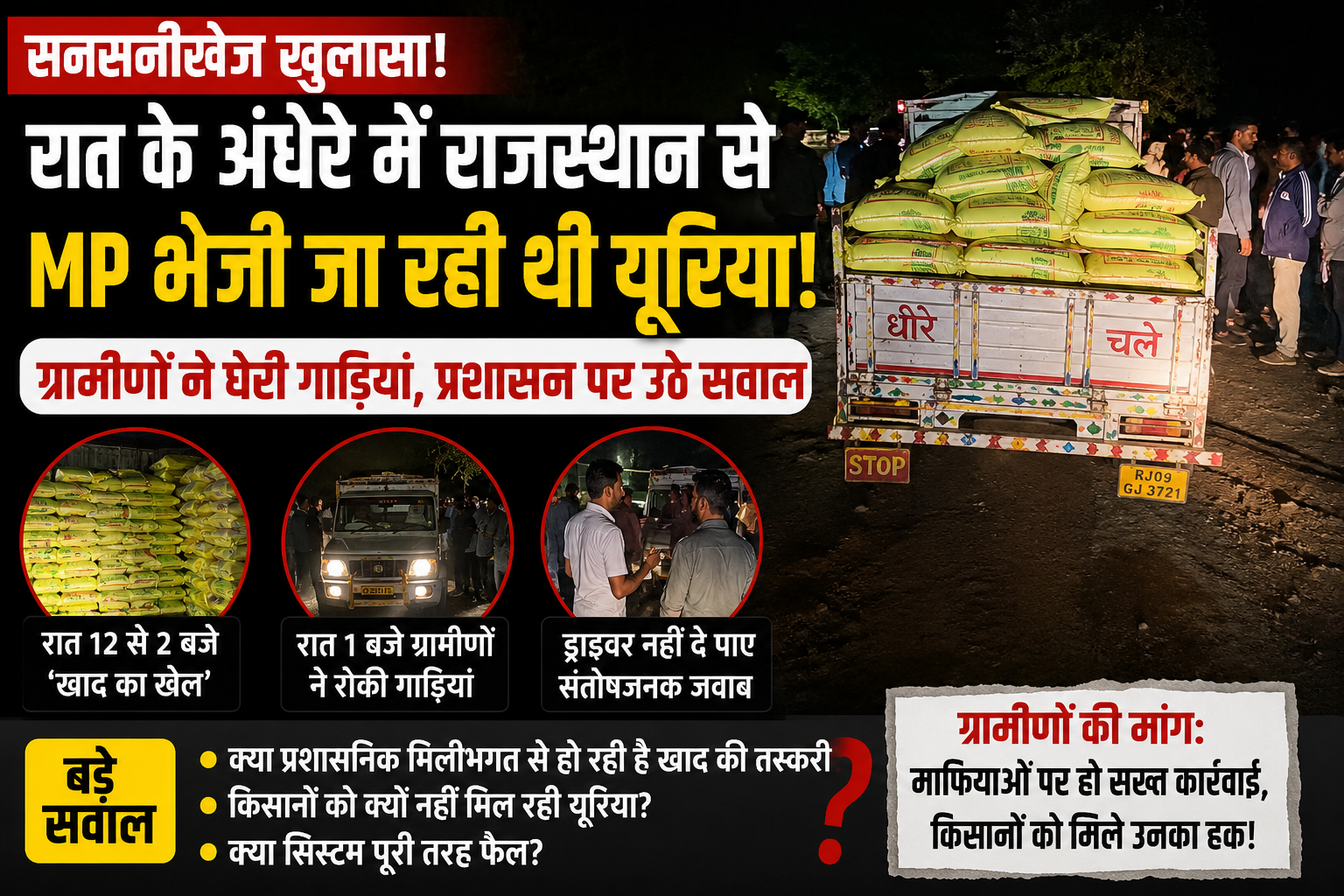 सनसनीखेज खुलासा: रात के अंधेरे में राजस्थान से MP भेजी जा रही थी यूरिया; ग्रामीणों ने घेरी गाड़ियां, प्रशासन पर उठे सवाल!