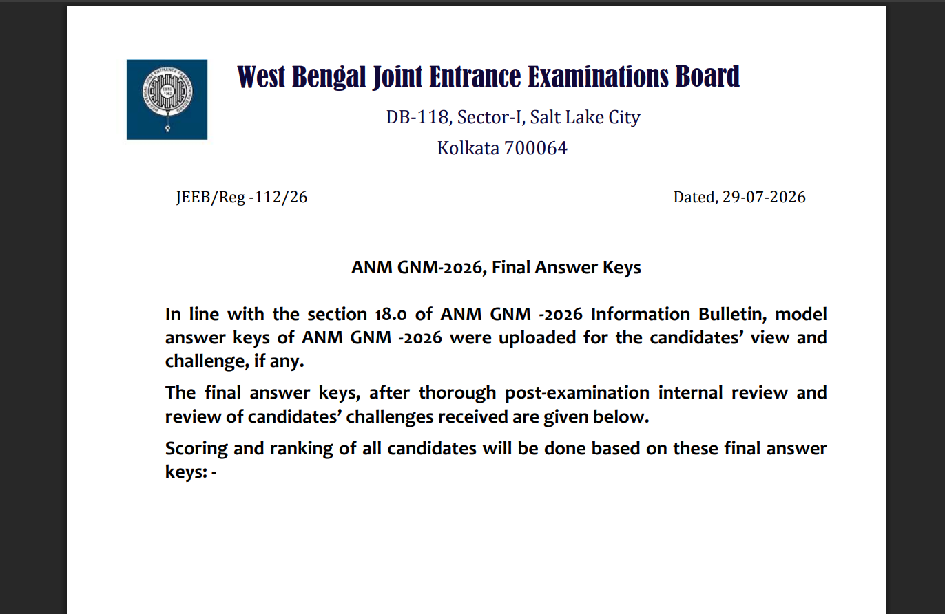 West Bengal Nursing Exam Results Announced Check WBJEEB Website for ANM and GNM 2026 Direct Download Link Now Available