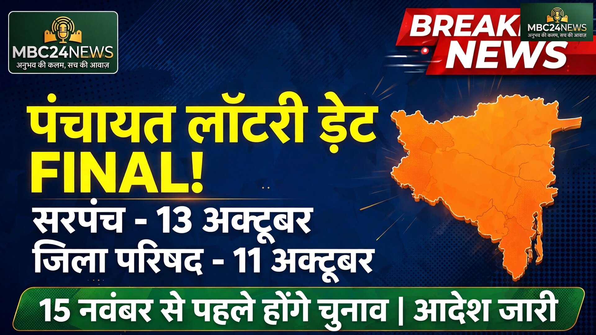 पंचायत चुनाव की लॉटरी डेट फाइनल! जिला परिषद 11 अक्टूबर, सरपंच-वार्ड पंच 
13 अक्टूबर को
सोशल मीडिया पर हो रहा आयोग का पत्र वायरल