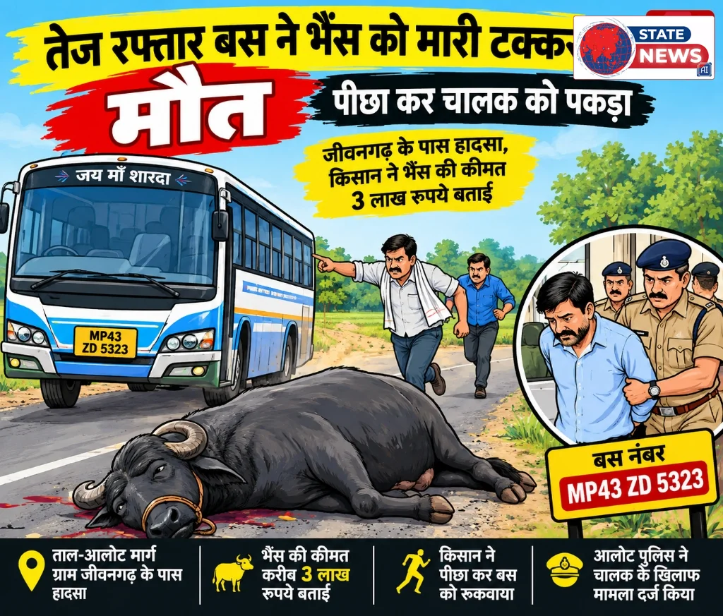 तेज रफ्तार बस ने भैंस को मारी टक्कर, मौत