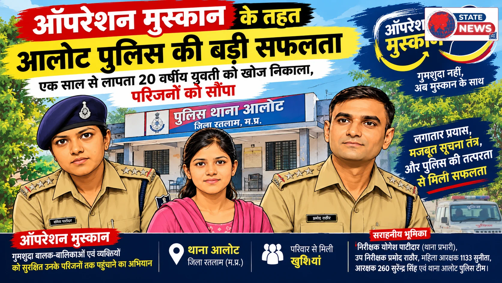 एक साल से लापता 20 वर्षीय युवती को आलोट पुलिस ने खोज निकाला, परिजनों को सौंपा
