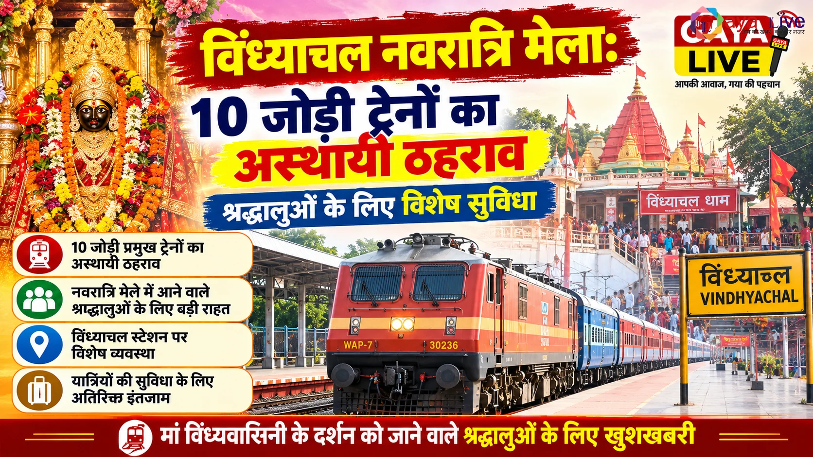 विंध्याचल नवरात्रि मेला: 10 जोड़ी ट्रेनों का अस्थायी ठहराव, श्रद्धालुओं के लिए विशेष सुविधा