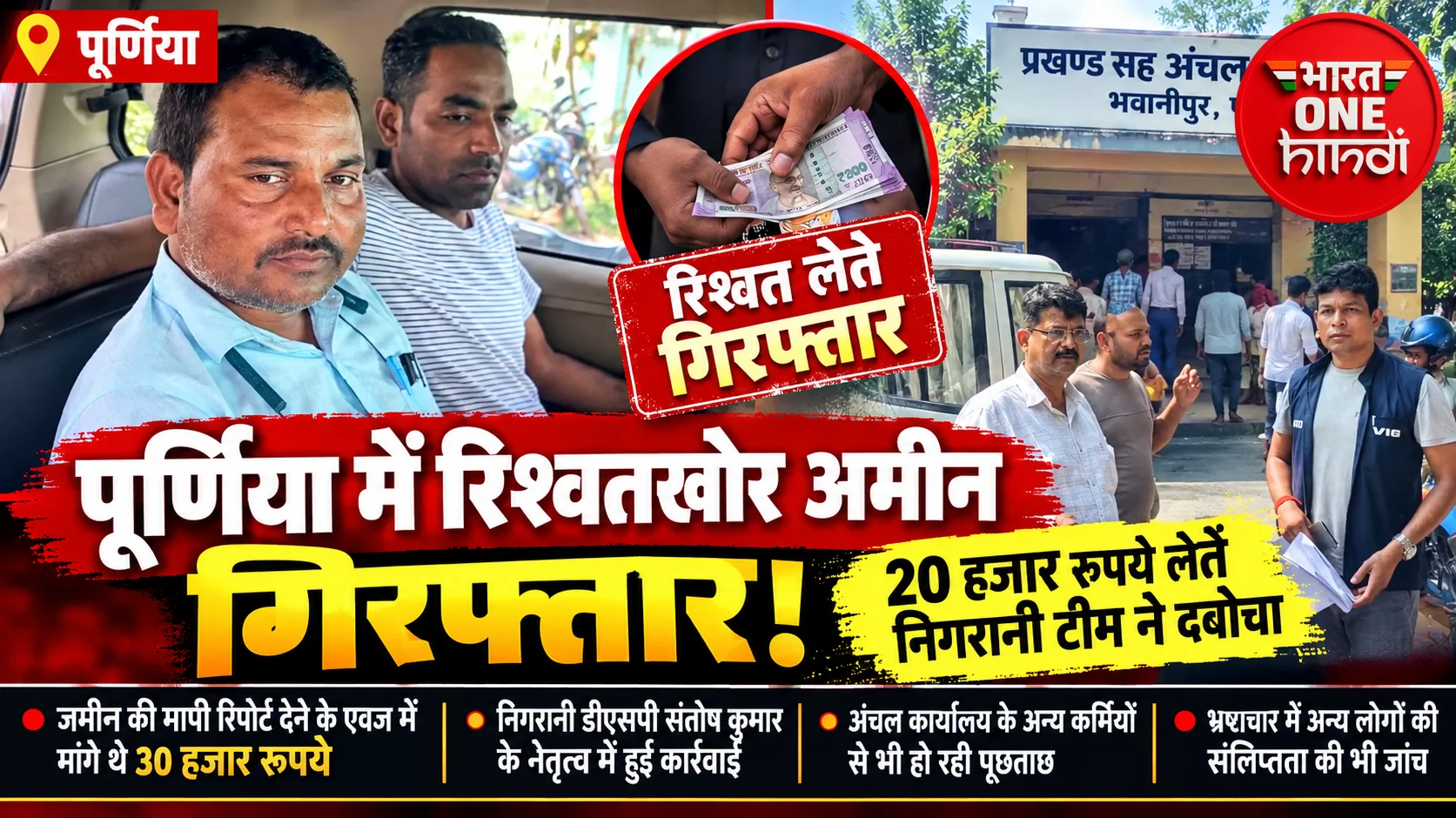 पूर्णिया: भवानीपुर में 20 हजार रुपये रिश्वत लेते अंचल अमीन गिरफ्तार, निगरानी टीम की कार्रवाई से मचा हड़कंप