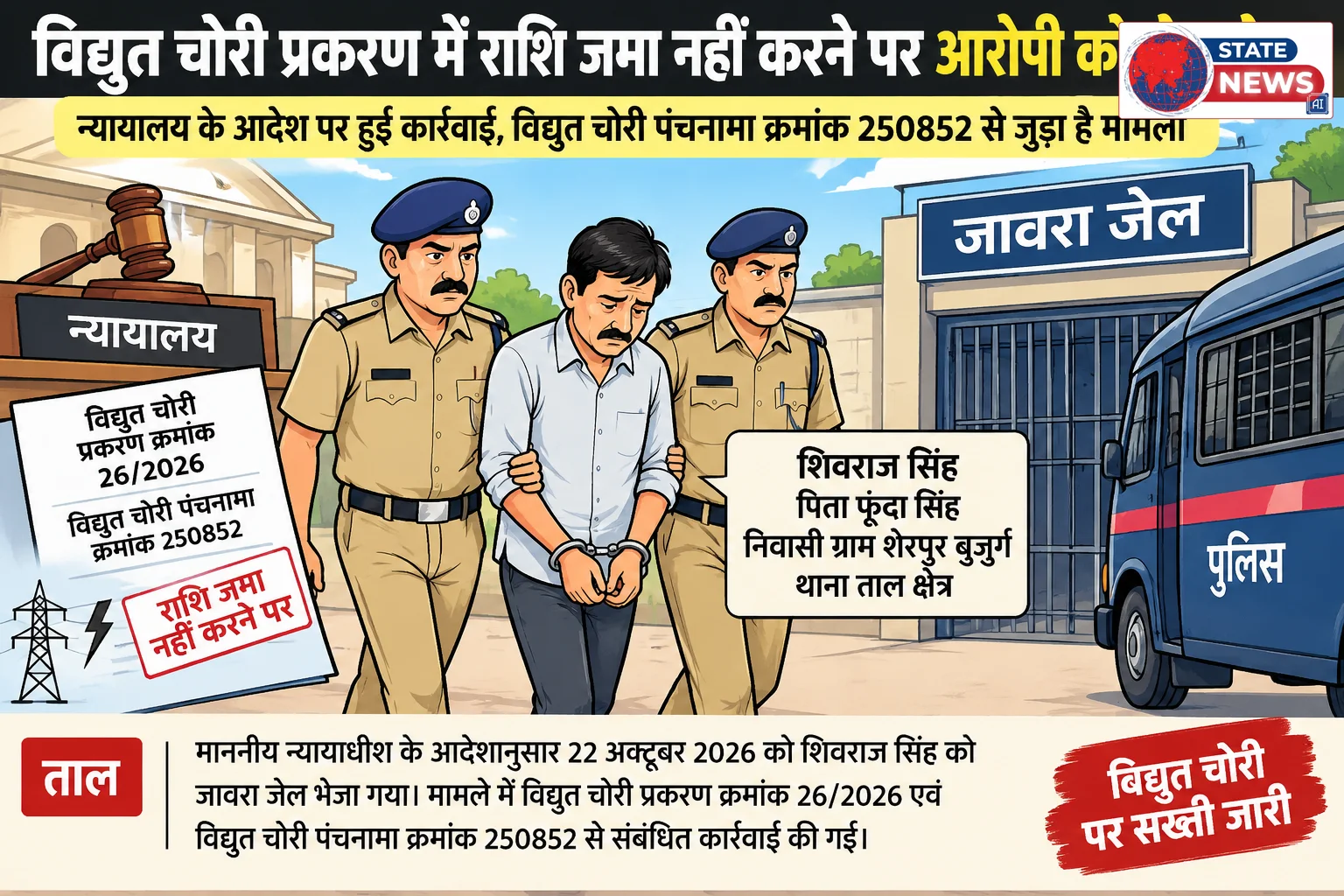 विद्युत चोरी प्रकरण में राशि जमा नहीं करने पर आरोपी को जेल भेजा