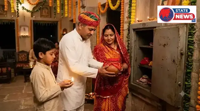 दिवाली की रात लाल कपड़े में बंधी मटकी तिजोरी में रखता परिवार