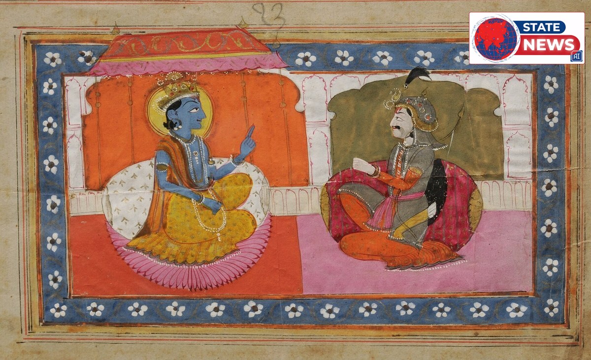 Sri Krishna giving Gita upadesh to Arjun, Kashmir school painting