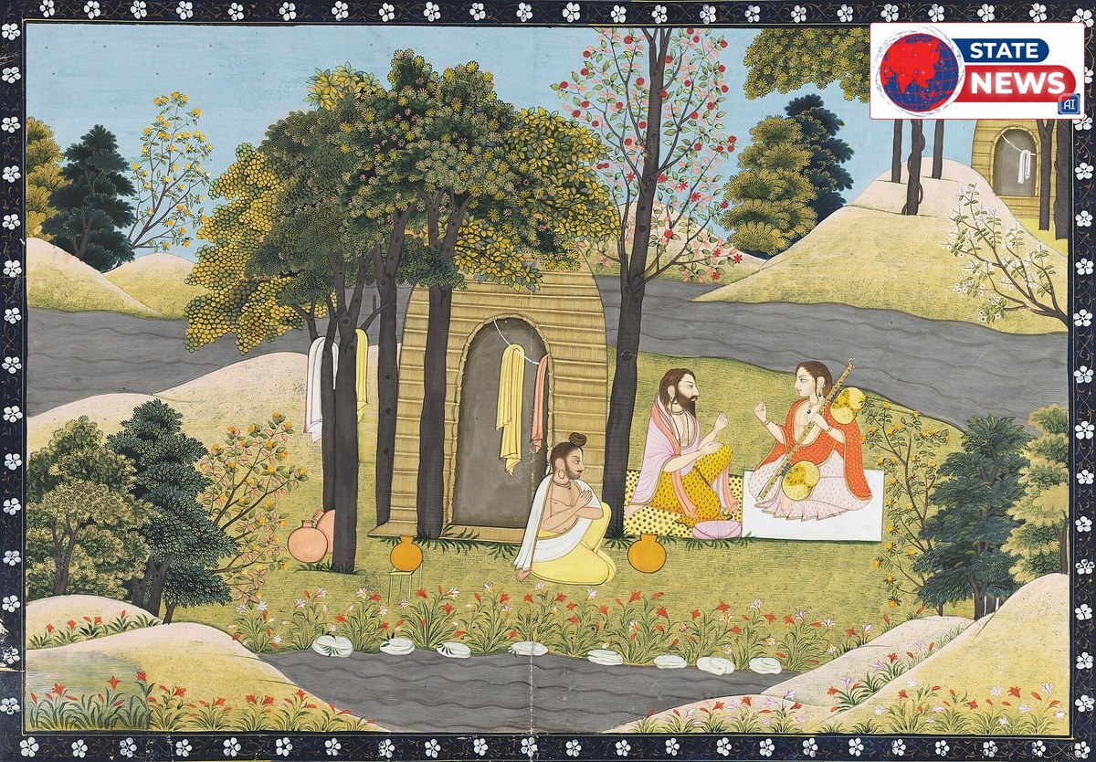 Sage Narada at the hermitage of Sage Valmiki painting