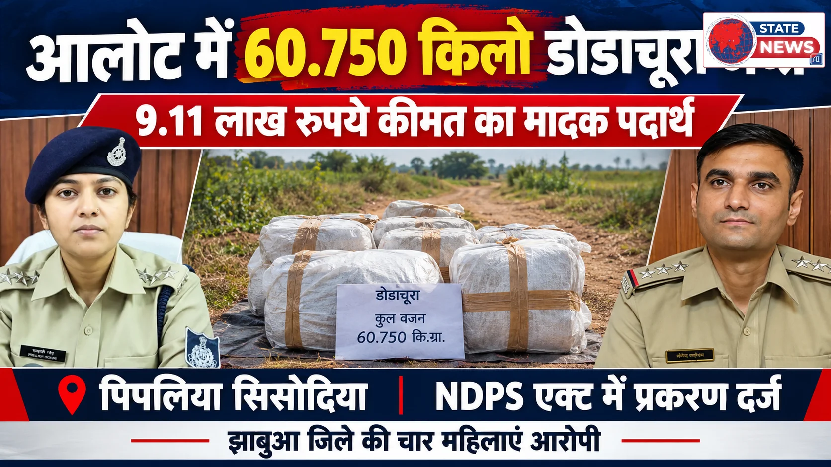आलोट पुलिस का नशे के कारोबार पर बड़ा प्रहार, 60.750 किलो डोडाचूरा जब्त