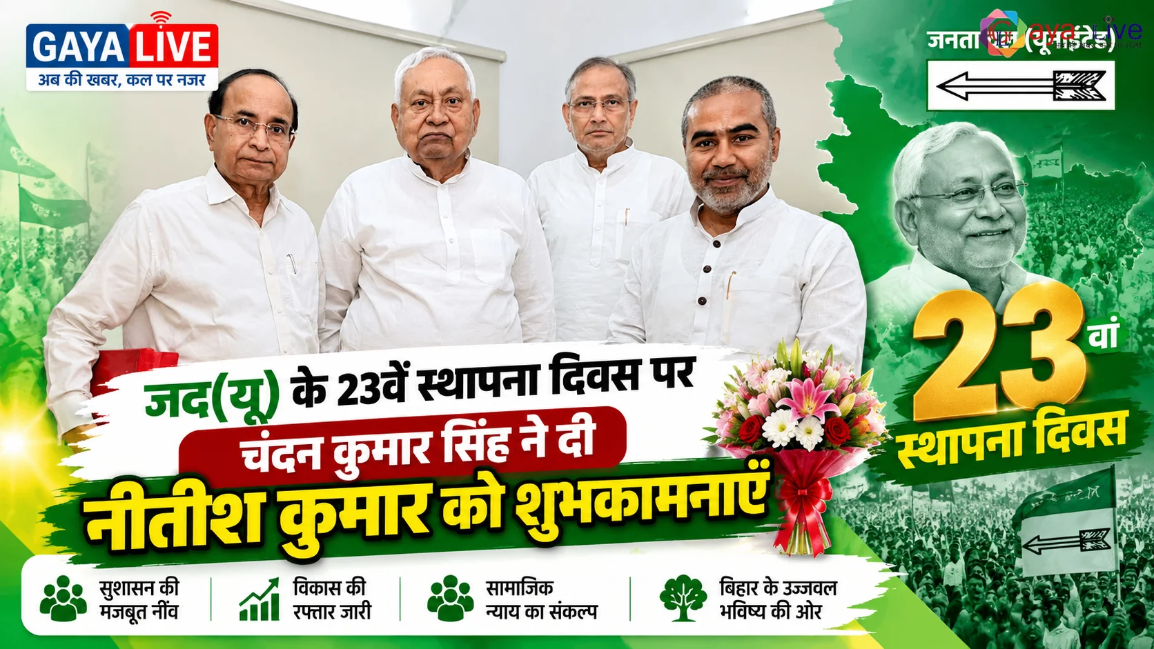 जद(यू) के 23वें स्थापना दिवस पर चंदन कुमार सिंह ने दी नीतीश कुमार को शुभकामनाएँ
